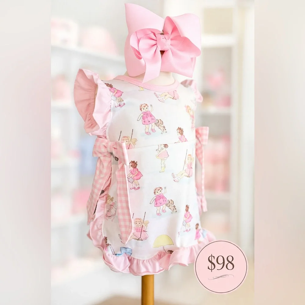 Luxury Pink Gingham Side Tie Bloomer Set Romper Playful Doll Print Play Date